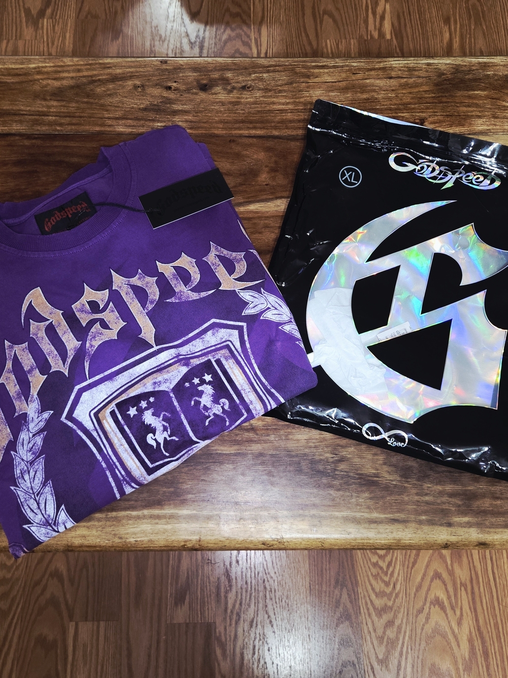 Godspeed New York "E Pluribus Unum" Varsity Crest Tee In Purple. Size XL